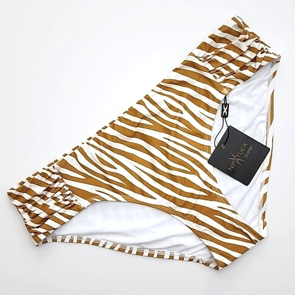 Niptuck Swim Natural Tan Zebra Print Bikini Bottom Gathered Hip Detail Sz 12 - Picture 1 of 14